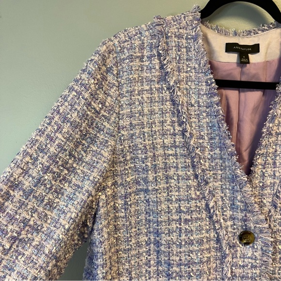 Ann Taylor Blazer Lavender Fringe Tweed Cardigan Jacket Sz 16 EUC Purple Plaid - Picture 7 of 13